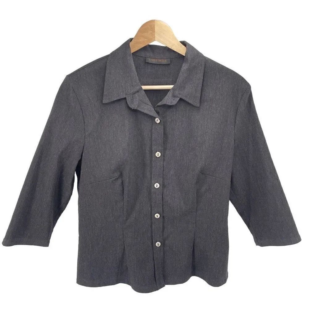 Streetwear Womens Button Down Shirt Top Blouse 3/4 Sleeve Collared Casual Gray